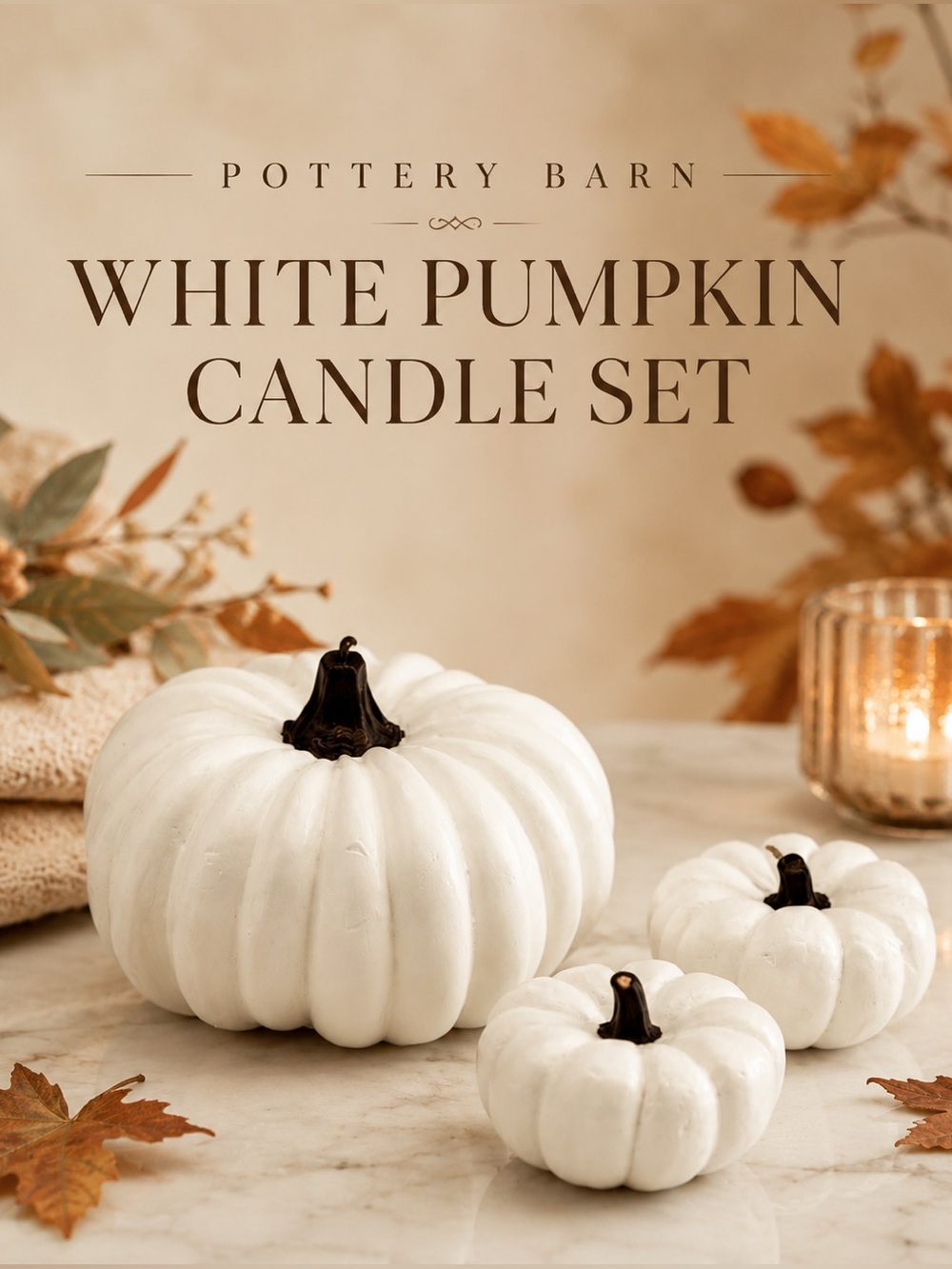 POTTERY BARN White Pumpkin Candle Set of 3 Fall Harvest Decor